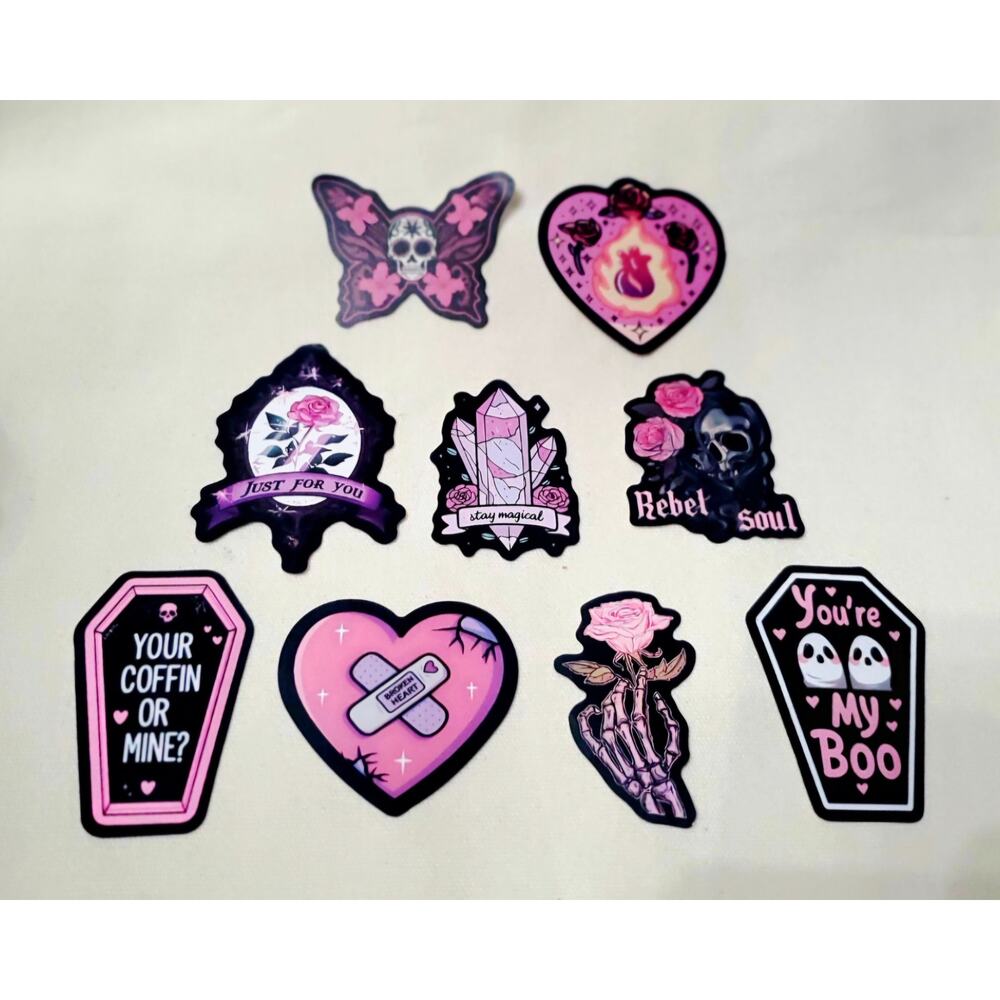 Pink stickers rose skull crystal flower broken heart butterfly ghost Gothic Emo